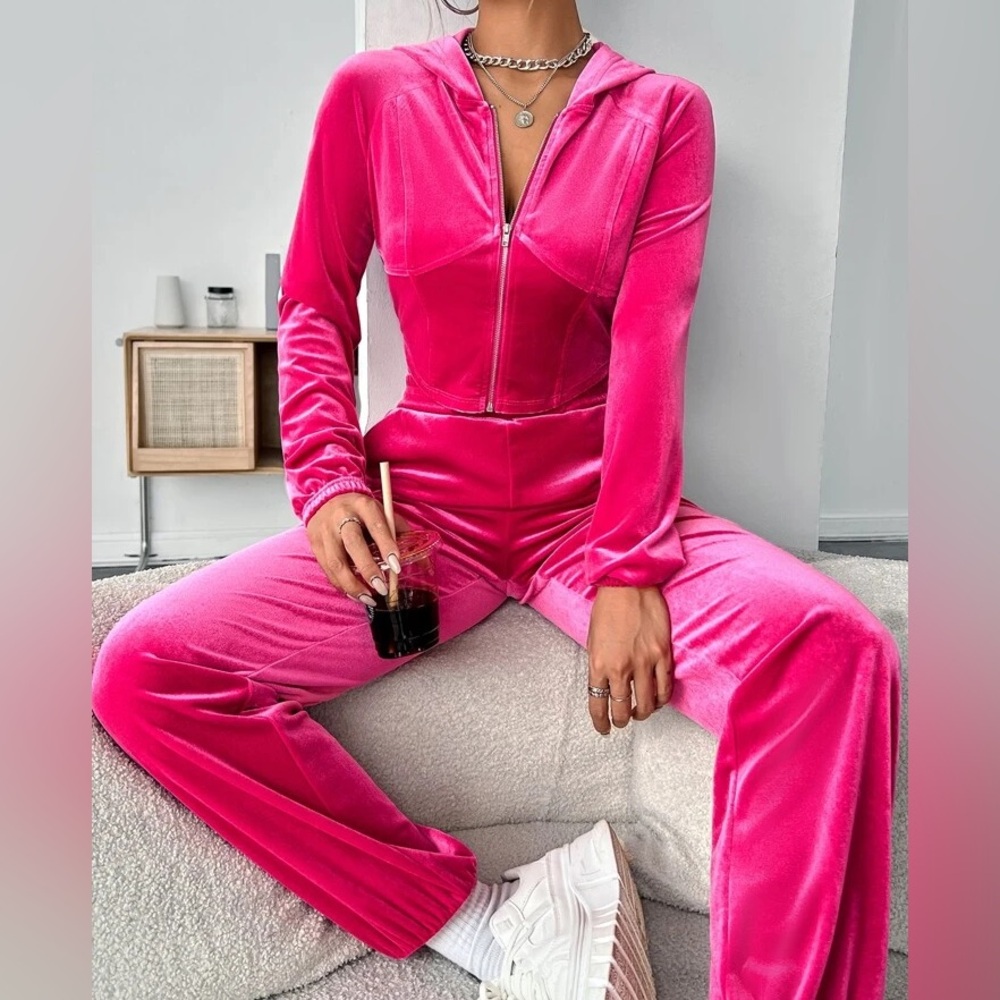 SHEIN EZwear Y2k Hot Pink Velvet Tracksuit Zip-up Hoodie & Pants Womens Size XS